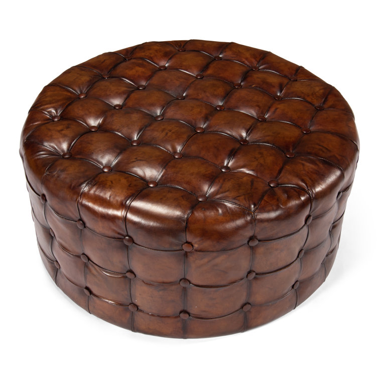 Sarreid Ltd 36" Genuine Leather Tufted Round Cocktail Ottoman | Perigold